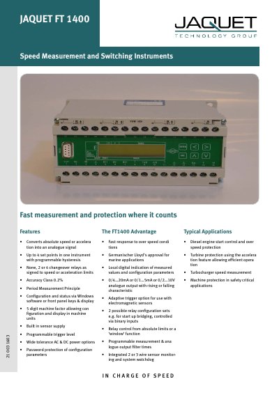 Jaquet FT 1400 Speed Measurement and Switching Instruments Product Leaflet - cover page