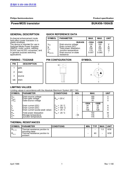 Philips BUK456-100A/B PowerMOS Transistor Product Specification - cover page