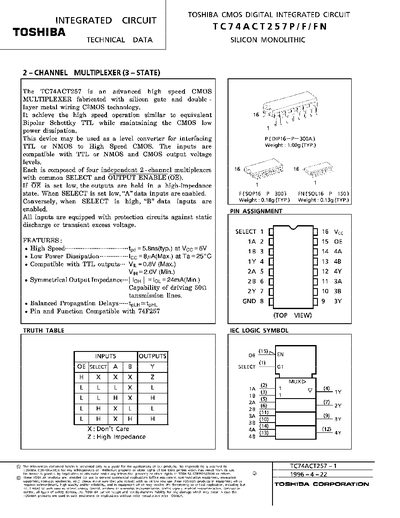 Toshiba TC74ACT257P/F/FN Datasheet - cover page