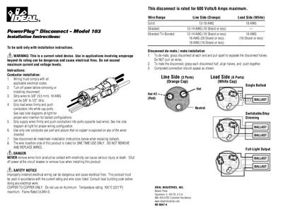 Ideal Industries Inc PowerPlug Luminaire Disconnect Model 103 Installation Instructions - cover page