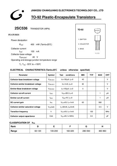 JIANGSU CHANGJIANG ELECTRONICS TECHNOLOGY CO. LTD 2SC536 TRANSISTOR (NPN) TO-92 Plastic-Encapsulate Transistors - cover page
