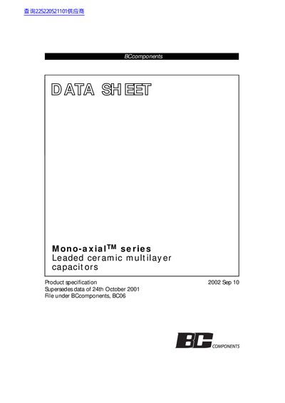 BCcomponents Mono-axial Series Leaded Ceramic Multilayer Capacitors Product Specification - cover page