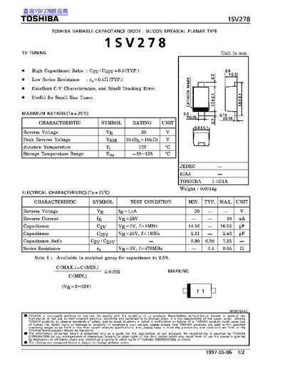 Toshiba 1SV278K Variable Capacitance Diode Datasheet - cover page