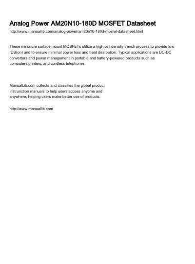 Analog Power AM20N10-180D MOSFET Datasheet - cover page
