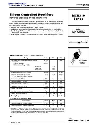 Motorola MCR310 Series Silicon Controlled Rectifiers Datasheet