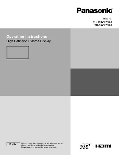 Panasonic TH-103VX200U/TH-85VX200U Plasma Display Operating Instructions - cover page
