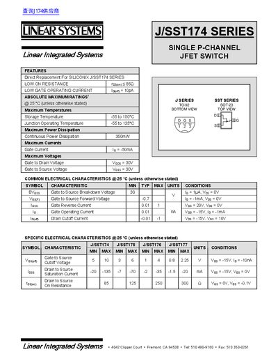 Linear Integrated Systems J/SST174 Series Single P-Channel JFET Switch Datasheet - cover page