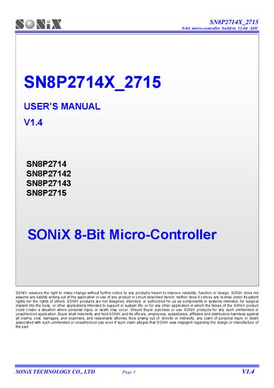 SONiX SN8P2714X/2715 8-bit Microcontroller User Manual - cover page
