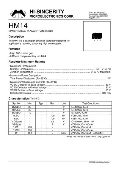 HI-SINCERITY HM14 NPN Epitaxial Planar Transistor Datasheet - cover page