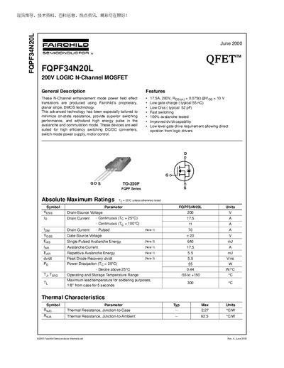 Fairchild FQPF34N20L 200V Logic N-Channel MOSFET Datasheet - cover page