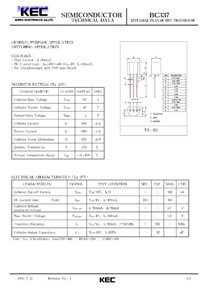 KEC BC337 Transistor Datasheet - cover page
