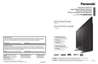Panasonic TH-50PE700U Plasma Television Operating Instructions - cover page