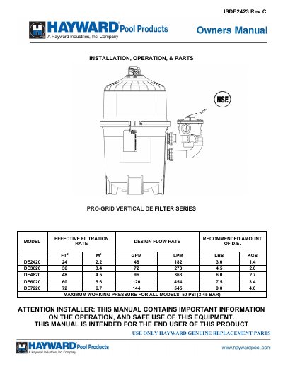 HAYWARD DE2420 Manual - cover page