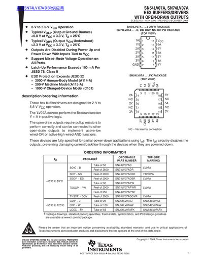 Texas Instruments SN54LV07A SN74LV07A Data Sheet - cover page