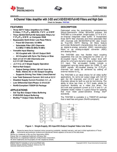 TEXAS INSTRUMENTS THS7360 6-Channel Video Amplifier with 3-SD 3-SD/ED/HD/Full-HD Filters High Gain Manual - cover page