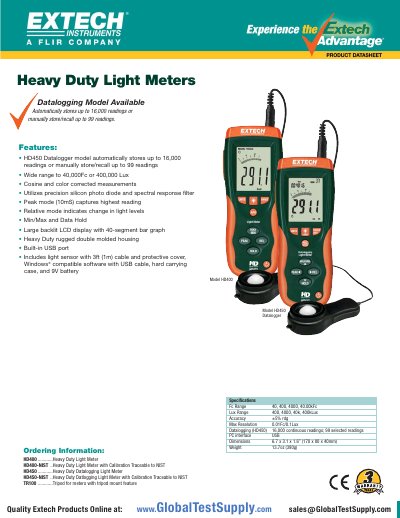 Extech HD400 and HD450 Heavy Duty Light Meters Product Leaflet - cover page