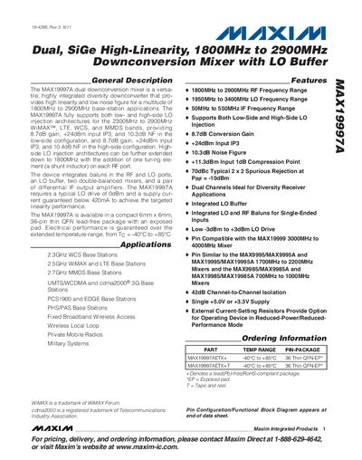 Maxim MAX19997A Dual SiGe High-Linearity Downconversion Mixer Datasheet - cover page