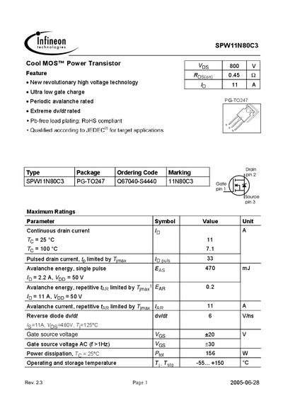 Infineon SPW11N80C3 Power Transistor Datasheet - cover page