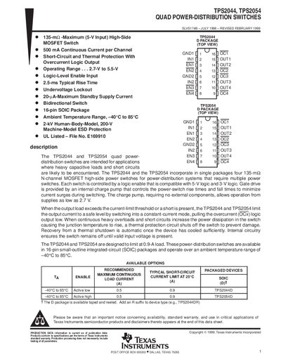 Texas Instruments TPS2044/TPS2054 Quad Power-Distribution Switches Datasheet - cover page