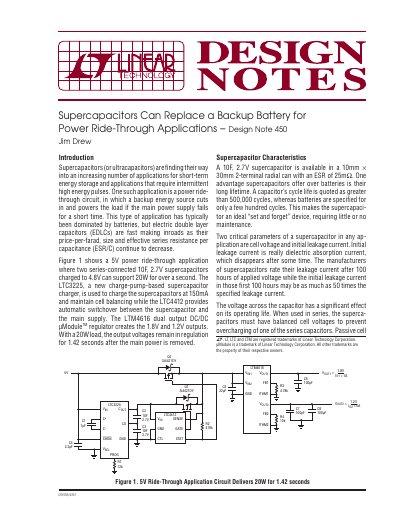 Supercapacitors Can Replace a Backup Battery for Power Ride-Through Applications Design Note 450 - cover page