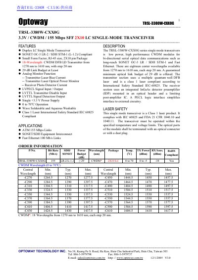 Optoway TRSL-3380W-CXX0G CWDM Transceiver Datasheet - cover page