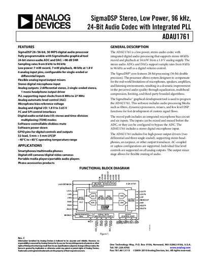 Analog Devices ADAU1761 Handbook Rev C - cover page
