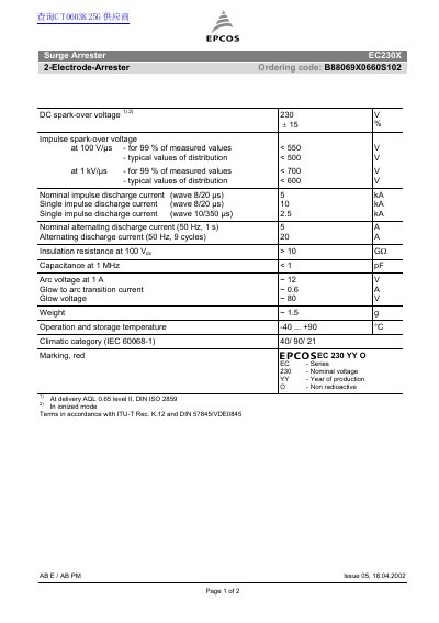 EPCOS EC230X Surge Arrester Datasheet - cover page