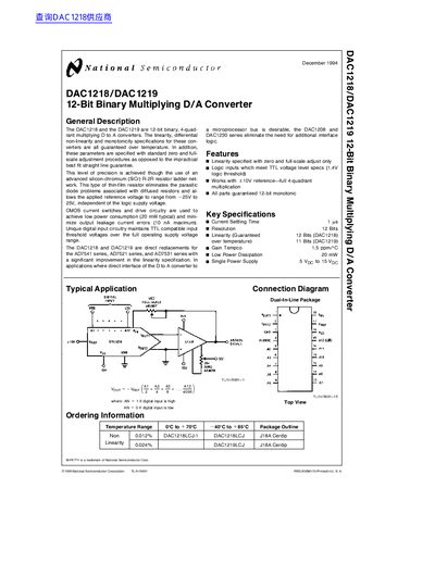 National Semiconductor DAC1218/DAC1219 12-Bit Binary Multiplying D/A Converter Datasheet - cover page
