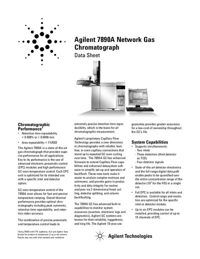 Agilent 7890A Network Gas Chromatograph Data Sheet - cover page