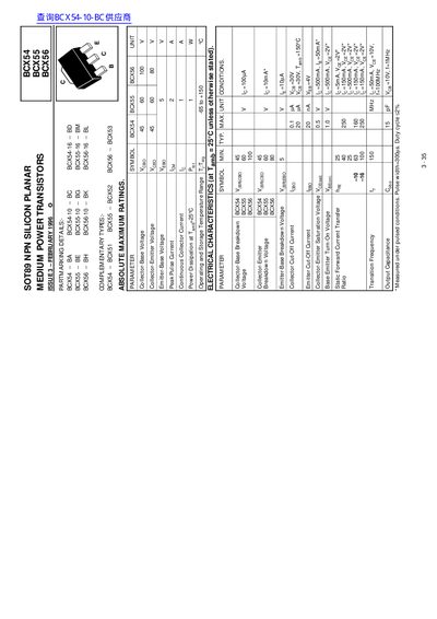 SOT89 NPN SILICON PLANAR MEDIUM POWER TRANSISTORS ISSUE 3 FEBRUARY 1996 BCX54 BCX55 BCX56  - cover page