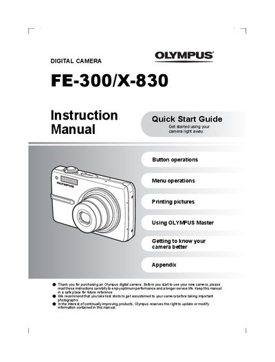 Olympus FE-300/X-830 Digital Camera Instruction Quick Start Guide Manual