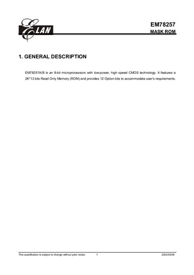 ELAN EM78257 Mask ROM Datasheet - cover page