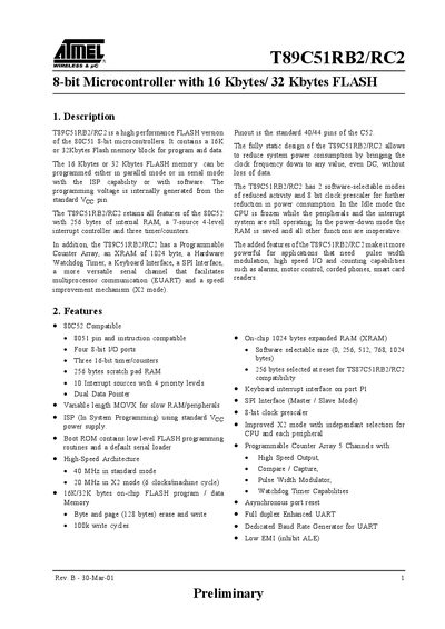 Atmel T89C51RB2/RC2 Datasheet - cover page