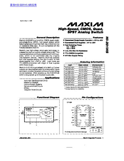 Maxim HI-201HS High-Speed CMOS Quad SPST Analog Switch Datasheet - cover page