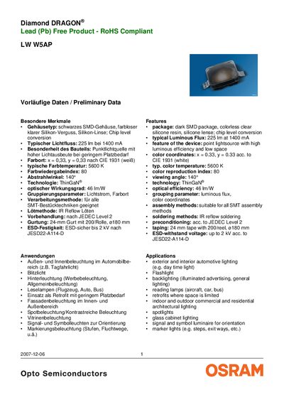 OSRAM LW W5AP LED Datasheet - cover page