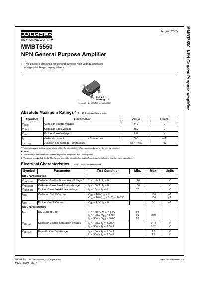 Fairchild Semiconductor MMBT5550 NPN General Purpose Amplifier Datasheet - cover page