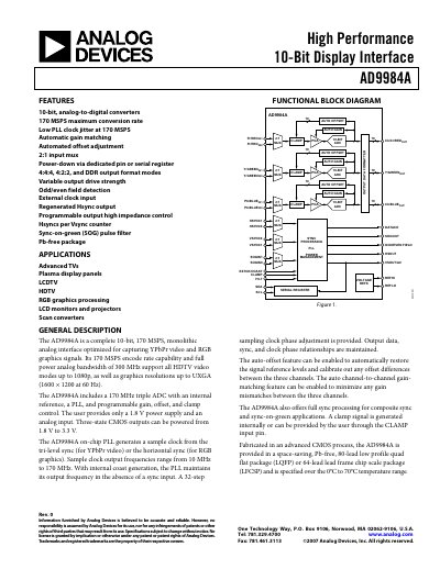 Analog Devices AD9984A High Performance 10‑Bit Display Interface Datasheet