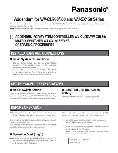 Panasonic WVCU950-ADDENDUM Manual - cover page