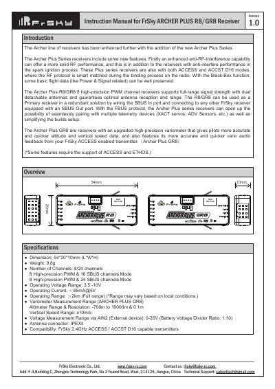 FrSky ARCHER PLUS R8/GR8 Receiver Instruction Manual - cover page
