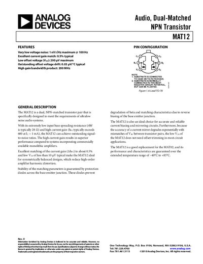 Analog Devices MAT12 Dual‑Matched NPN Transistor Datasheet - cover page