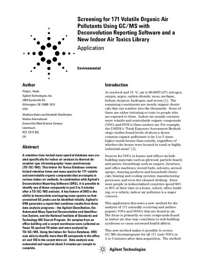 Screening for 171 Volatile Organic Air Pollutants Using GC/MS with Deconvolution Reporting Software and a New Indoor Air - cover page