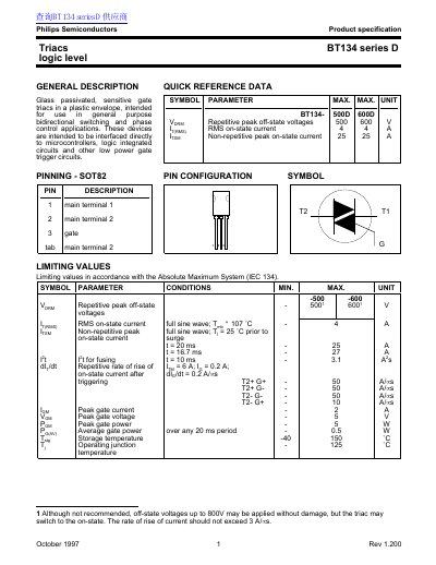 Philips BT134 Series D Logic Level Triac Product Specification - cover page