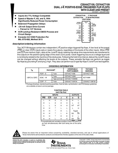 Texas Instruments CD54ACT109 / CD74ACT109 J‑K Positive‑Edge‑Triggered Flip‑Flops Clear and Preset Datasheet - cover page