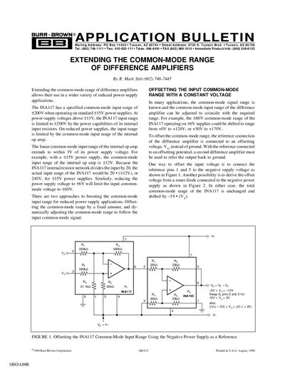 Texas Instruments INA117 Application Note Extending the Common-Mode Range of Difference Amplifiers - cover page