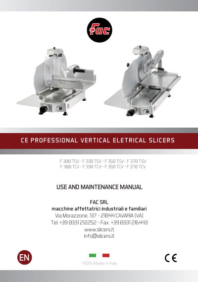 FAC SRL F 300 TSV–F 370 TCV Vertical Electrical Slicers Use and Maintenance Manual