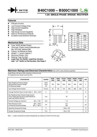 Won-Top Electronics B40C1000-B500C1000 Single-Phase Bridge Rectifier Datasheet - cover page