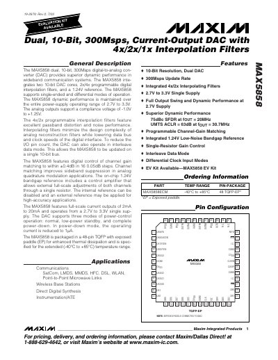 Maxim MAX5858 Dual 10‑Bit 300 Msps Current‑Output DAC Datasheet