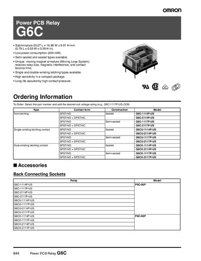 Omron G6C Power PCB Relay Datasheet - cover page