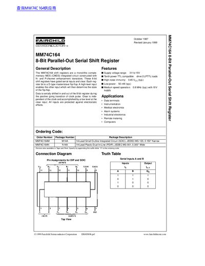 Fairchild MM74C164 8-Bit Parallel-Out Serial Shift Register Datasheet - cover page