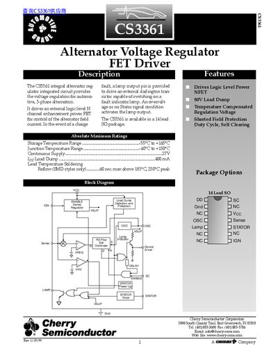 Cherry Semiconductor CS3361 Alternator Voltage Regulator FET Driver Datasheet - cover page
